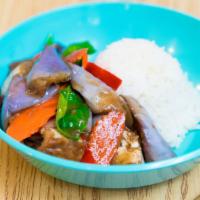 Basil Eggplant Chicken · Chicken, eggplant, basil, carrot, and bell pepper with garlic sauce.