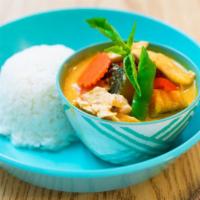 Pumpkin Curry Chicken · Chicken, kabocha, basil, carrot, and bell pepper in red curry sauce.