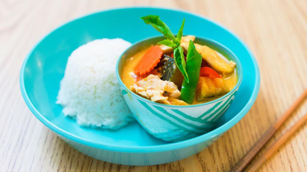 Pumpkin Curry Chicken · Chicken, kabocha, basil, carrot, and bell pepper in red curry sauce.