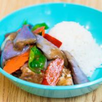 Basil Eggplant  Rice  Plate · Stir fried eggplant, basil, carrot and bell pepper with garlic sauce serve with your choice ...