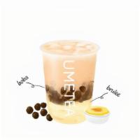 Creme Brulee Milk Tea with Perl(厚蛋糕波波茶) · Roasted mountain oolong milk tea w/ caramel brulee & brown sugar pearls. (500cc non dariy)
