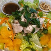 Chinese Chicken Salad · Romaine-cabbage mix, chicken breast, mandarin oranges, shredded carrots, cilantro, & crispy ...