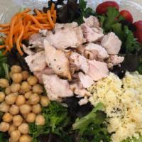 Organic Chicken Salad · Organic mixed greens, baby carrots, cherry tomatoes, garbanzo beans, and couscous with grill...