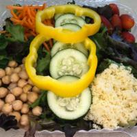 Garden Salad · Spring mix, tomato, cucumber, carrots, garbanzo beans, bell peppers & couscous. Add more ite...