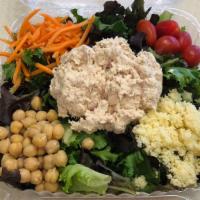 Organic Tuna Salad · Organic mixed greens, baby carrots, cherry tomatoes, garbanzo beans, and couscous with tuna ...