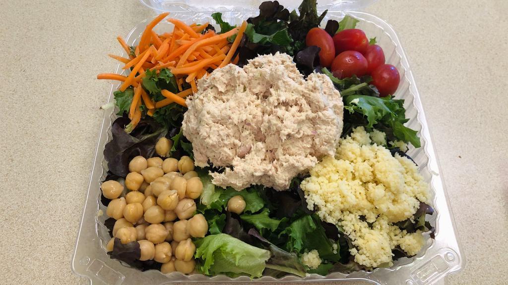 Organic Tuna Salad · Organic mixed greens, baby carrots, cherry tomatoes, garbanzo beans, and couscous with tuna salad