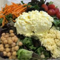 Organic Salad Egg Salad · Organic mixed greens, baby carrots, cherry tomatoes, garbanzo beans, and couscous with Egg S...