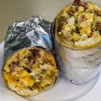 Three Meat Burrito · Eggs, American Cheese, Ham, Bacon, & Sausage