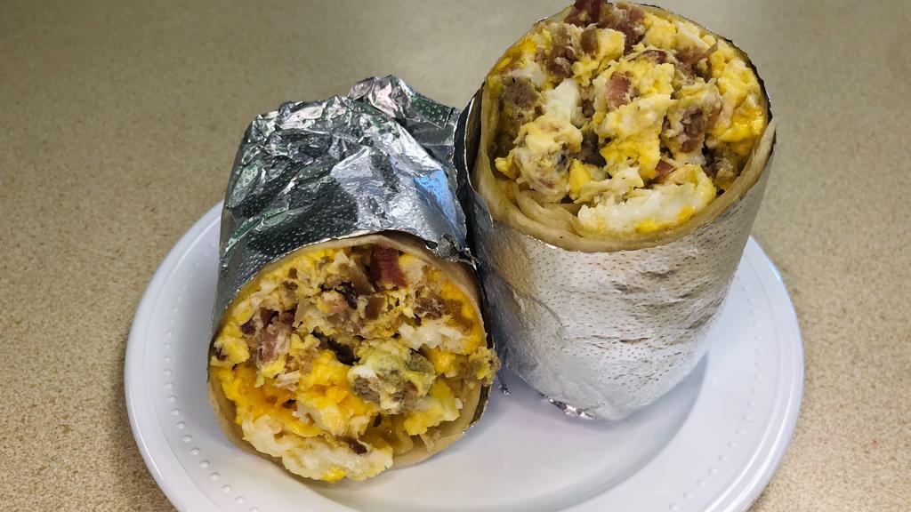Breakfast Burrito · Eggs, American Cheese, & Choice of protein