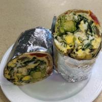 California Burrito · Scrambled eggs, spinach tomato, mushrooms, mozzarella cheese & avocado