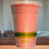 Banana Strawberry Smoothie · Banana, strawberries and oat milk.

🌱 Served with 100% compostable container and utensils m...
