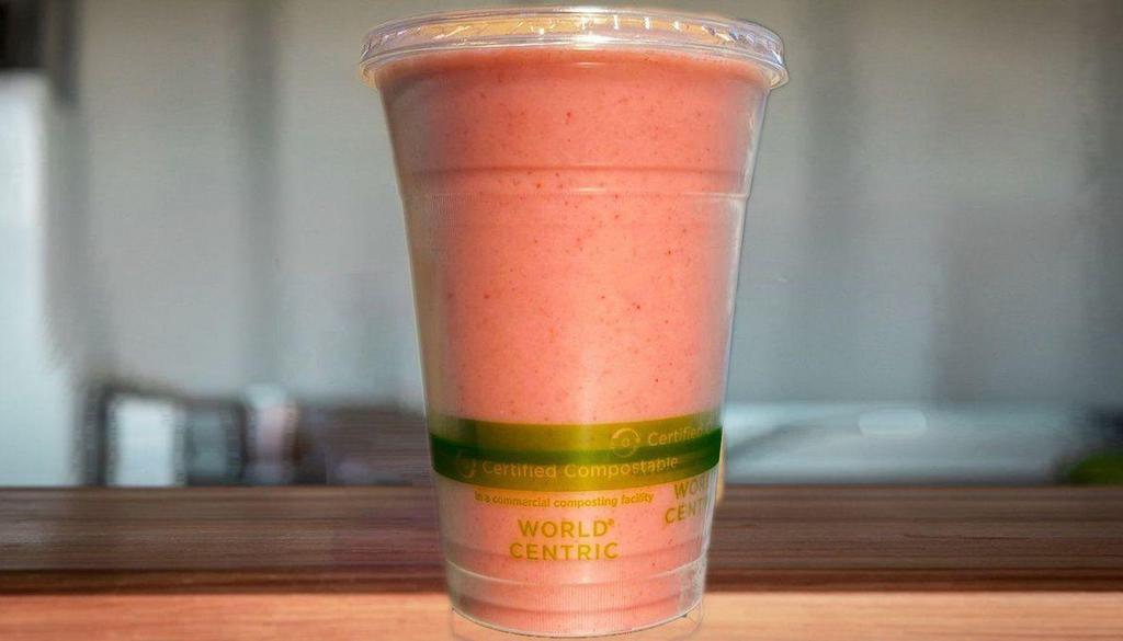 Banana Strawberry Smoothie · Banana, strawberries and oat milk.

🌱 Served with 100% compostable container and utensils made from plants. Please dispose into compost 💚.

✅ Gluten-free
✅ Soy-free
✅ Vegan 
✅ 100% Natural Non-GMO ingredients