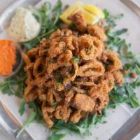 Fried Calamari · Calamari, fennel, lemon, onion, arugula, tartar and chili aioli
