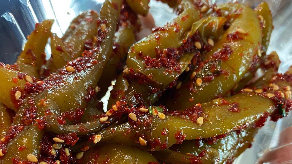 Seasoned Peppers · Home-Made! Soy sauce salted peppers seasoned with crush red pepper powder, sesame seeds, 150g