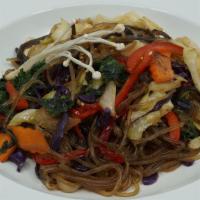 Japchae · Stir fried glass noodles, seasoned with soy sauce, sugar, with assorted vegetables. Comes wi...