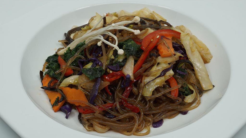 Japchae · Stir fried glass noodles, seasoned with soy sauce, sugar, with assorted vegetables. Comes with 1 rice each.