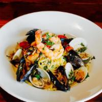 Seafood Linguine Puttanesca · Prawns, clams, mussels, baby scallops tomatoes, capers, nicoise olive, anchovies, tomato broth
