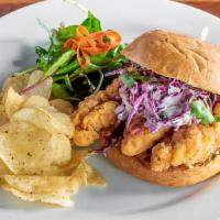 Fried Chicken Sandwich · special sauce, purple cabbage cilantro slaw, brioche bun, kettle chips, side salad