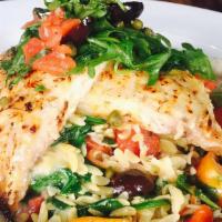 Parmesan Crusted Tilapia · spinach couscous, mediterranean tomato relish, onion soubise
