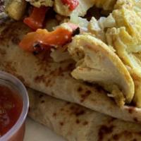 Dublin Rancheros · Grilled chicken, scrambled eggs, onions, tomato, roasted bell pepper, jack, salsa (on the si...