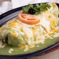 4. Chile Verdé Burrito (Grande) · Cubed pork, refried beans, rice, cheese-drenched with verde sauce.