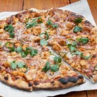 BBQ Chicken Pizza · Sliced red onions, cilantro, jalapenos, smoked gouda