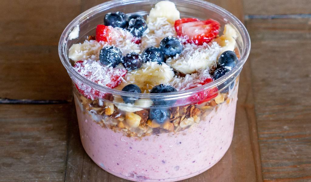 Pedro Point · Organic acai with bananas and strawberries blended with mango, coconut milk, and pineapple juice. Topped with house-made gluten-free granola, bananas, strawberries, blueberries, coconut shreds, and honey.
