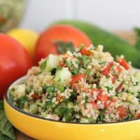 Tabouli · Vegetarian salad made mostly of finely chopped parsley, with tomatoes, mint, onion, bulgur, ...