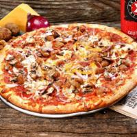 Railroad Grade Pizza (Indee) · Italian sausage, pepperoni, fresh mushrooms, red onions, tomato sauce, mozzarella and cheddar.