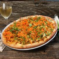 Kickin' Chicken Pizza (Indee) · Chicken marinated in a spicy ginger peanut sauce, peanuts, green onions, Swiss, fontina, fre...
