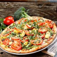 Drag It Through The Garden Pizza XL · Fresh mushrooms, green peppers, red onions, artichoke hearts, broccoli, vine ripe tomatoes, ...