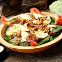 Spinach Salad · Spinach fresh mushrooms caramelized onions vine-ripe tomatoes artichoke hearts candied walnu...