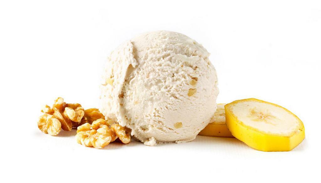 Banana Walnut · Just like banana bread (but without the bread!), this wonderful blend of ripened fresh bananas and California walnuts come together in a timeless classic. Taking inspiration from the ever-popular banana bread, we created an ice cream that tastes just like it, but without any bread. Its nutty and slightly bitter notes of walnut balance out the sweetness of bananas for this simple, yet beautiful ice cream.