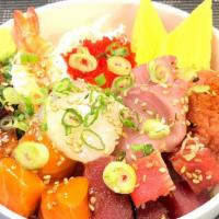 Chirashi Bowl · Hamachi sashimi, salmon sashimi, ahi poke, spicy tuna, unagi (BBQ eel), avocado, sushi shrim...