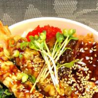 Dragon Bowl · Unagi (BBQ eel), shrimp tempura (2 pieces), crab salad, tobiko, green onions, and teriyaki s...
