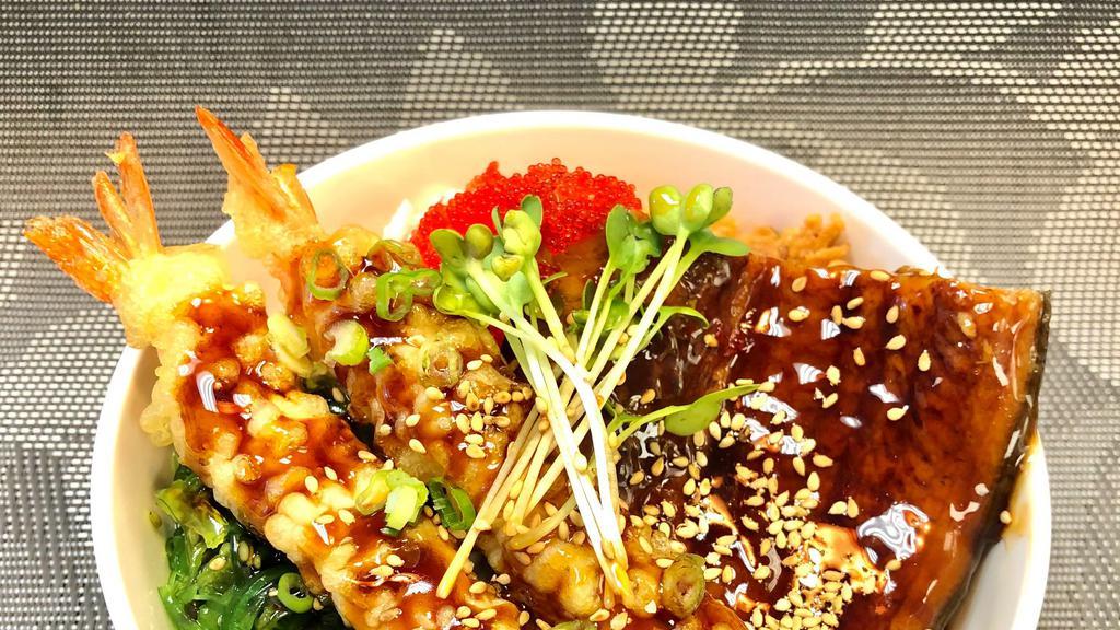 Dragon Bowl · Unagi (BBQ eel), shrimp tempura (2 pieces), crab salad, tobiko, green onions, and teriyaki sauce. Served with seaweed salad and fried onions over your choice of base.