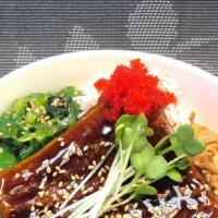 Unagi Bowl · Popular! Unagi (BBQ eel), crab salad, tobiko (fish roe), and unagi sauce. Served with seawee...