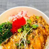 Salmon Teriyaki Bowl · Salmon Teriyaki, crab salad, seaweed salad, fried onions, green onions.
Teriyaki Sauce