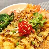 Shrimp Tempura Bowl · Shrimp tempura (4 pieces), crab salad, tobiko, green onions, and teriyaki sauce. Served with...