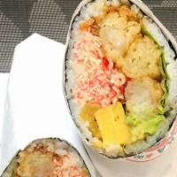 Shrimp Tempura Burrito · Shrimp tempura (2 pieces), tobiko (fish roe), and teriyaki sauce. Served with avocado, romai...
