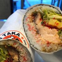Salmon Teriyaki Burrito · Salmon teriyaki, teriyaki sauce. Served with avocado, romaine lettuce, pickled radish, crab ...