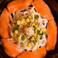 Salmon Udon · Topped with Green Onions, Corn, Garlic Butter.