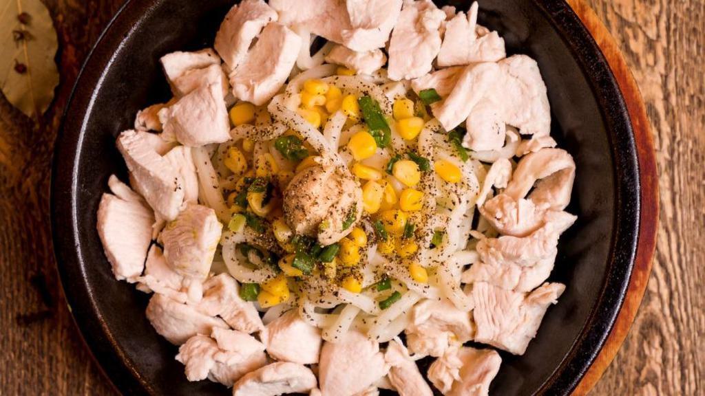 Chicken Udon · Topped with Green Onions, Corn, Garlic Butter.