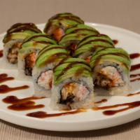 Caterpillar Roll · Eel, crab meat & cucumber topped with avocado.