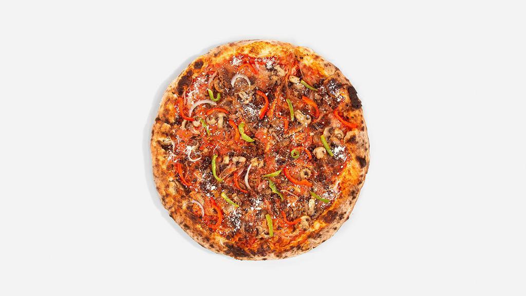 Vegetable Pizza · Marinara, mozzarella, mushrooms, onions, olives, and bell peppers. That's a f*cking good pizza.