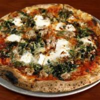 Calabrian Chili Sausage pizza · tomato, mozzarella, broccoli di ciccio, caciocavallo romano