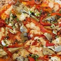 Vegan Pizza · tomato sauce, vegan cashew cheese, jimmy nardello peppers, roasted mushrooms, green garlic v...