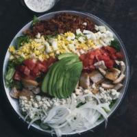 Cobb Salad · Chopped Romaine & Butter Lettuce, Grilled Chicken, Bacon, Hard Boiled Egg, Onions, Tomato, B...