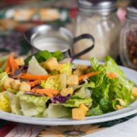 Tossed Green Salad · Simple salad with romaine, shredded carrots, shredded red cabbage and croutons