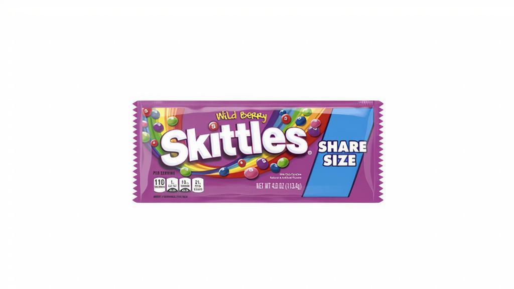 Skittles - Candy - Wild Berry Share Size · Wild berry skittles includes berry punch, strawberry, melon berry, wild cherry, and raspberry flavors. Bite-size, colorful chewy candies.